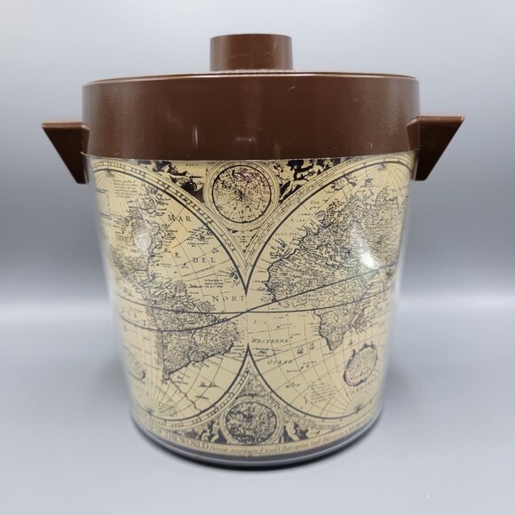 Vintage Thermo-Serv West Bend USA Brown Lid Ice Bucket With World Map Design - Picture 10 of 15